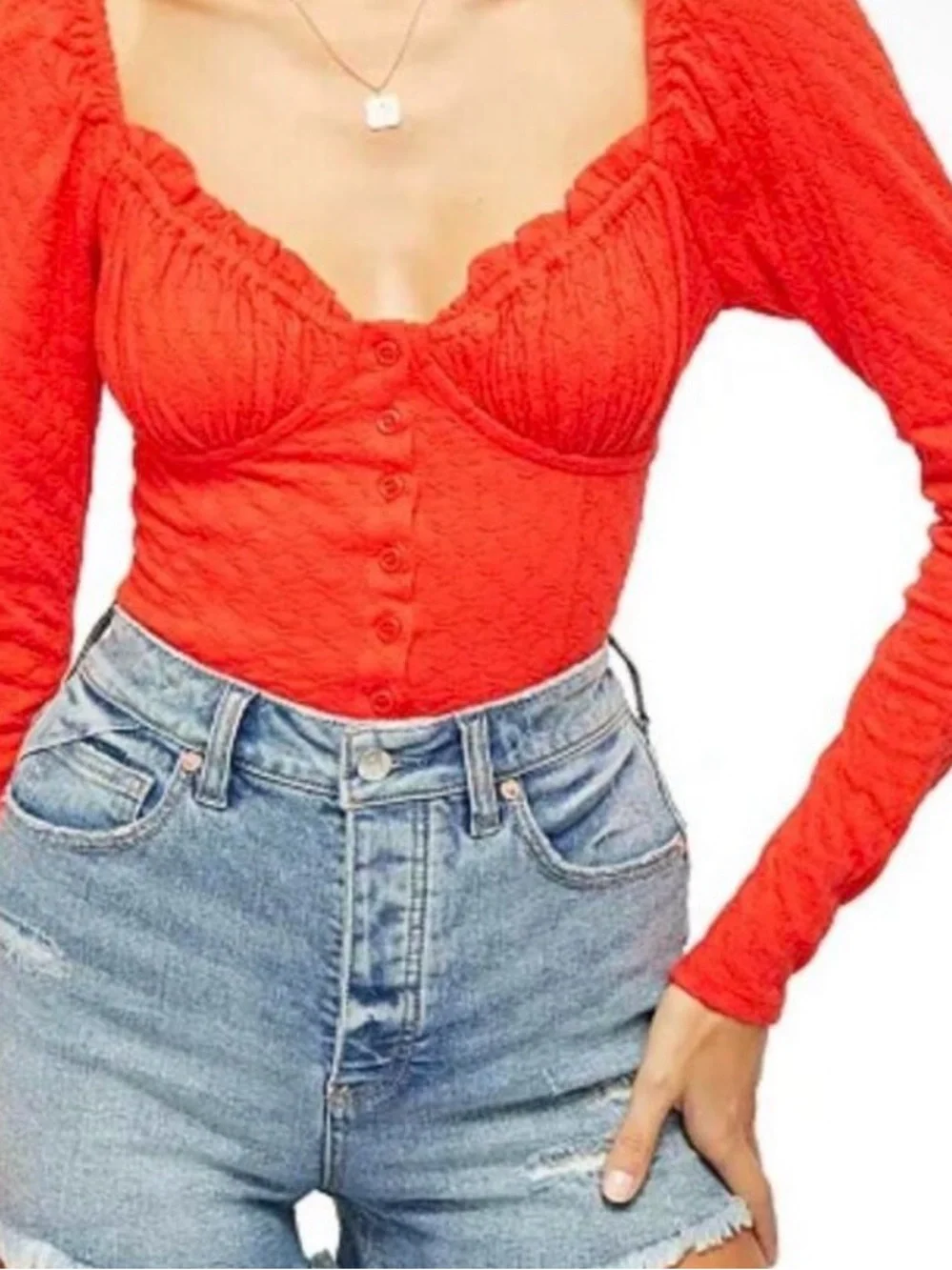 #635 FREE PEOPLE Red Ladybug Textured Button-Front Sweetheart Crop Top